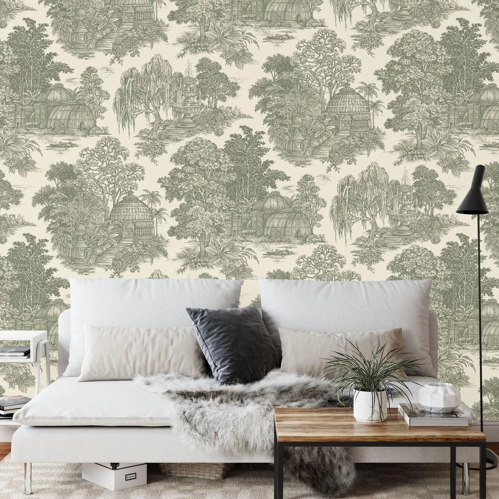 Vintage Chinoiserie Wallpaper Mural: Village, Trees
