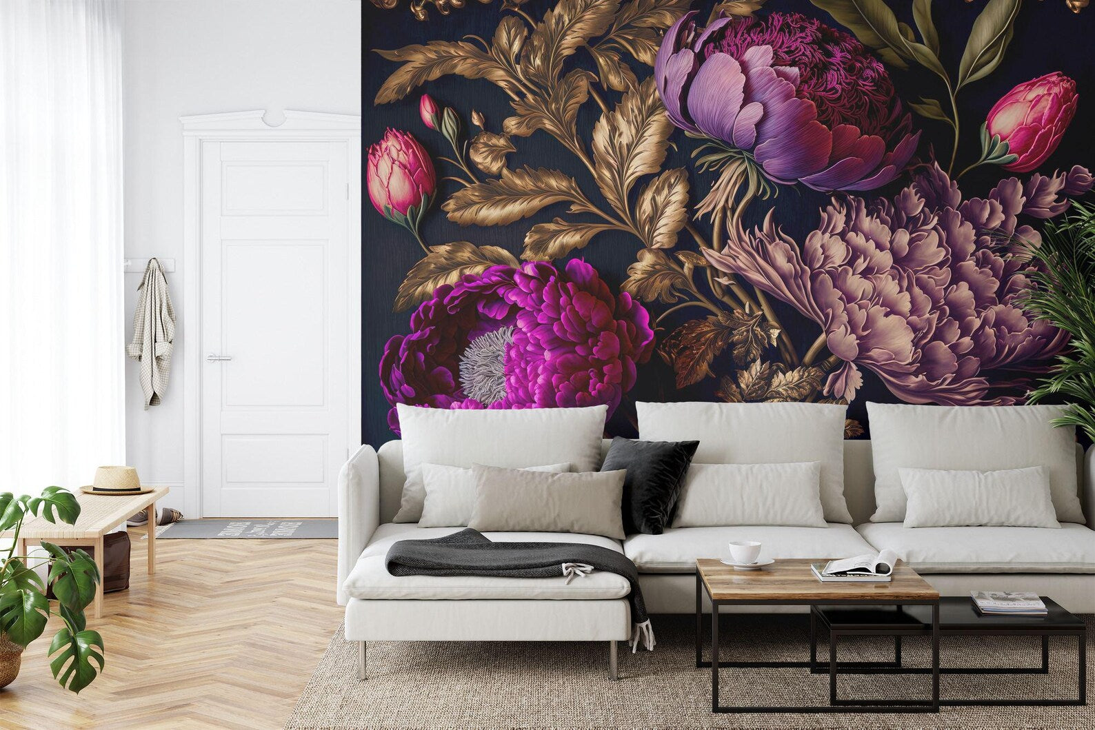 Baroque Peony Wallpaper Mural, Rich Deep Colors, Art Print