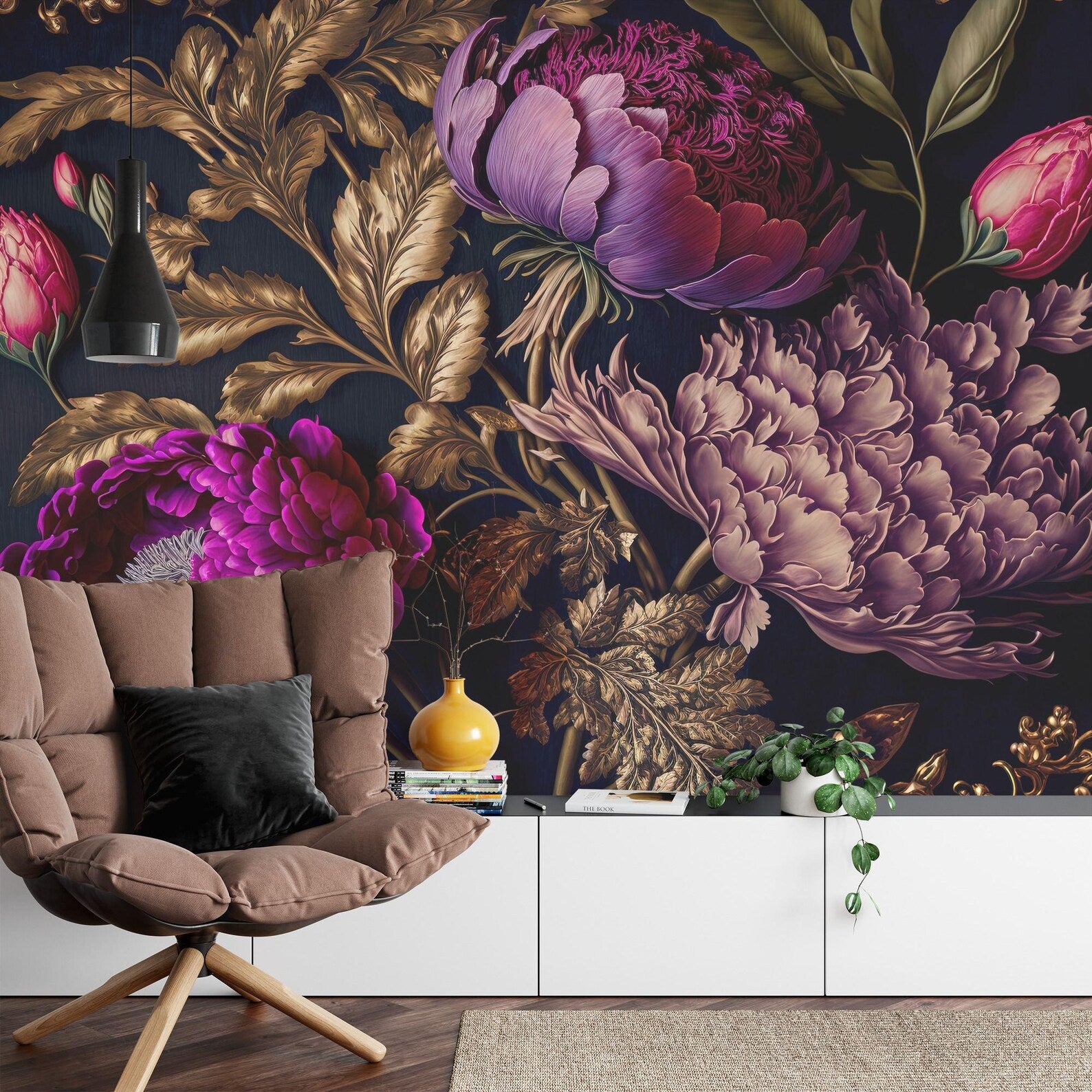 Baroque Peony Wallpaper Mural, Rich Deep Colors, Art Print