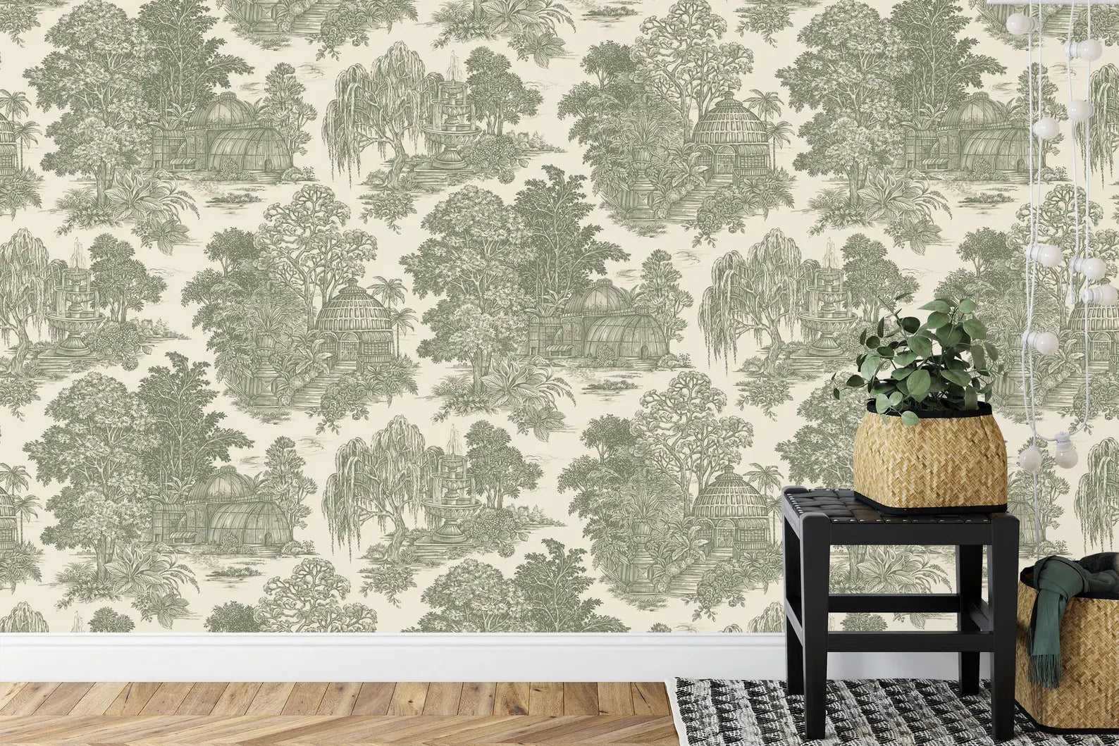 Vintage Chinoiserie Wallpaper Mural: Village, Trees