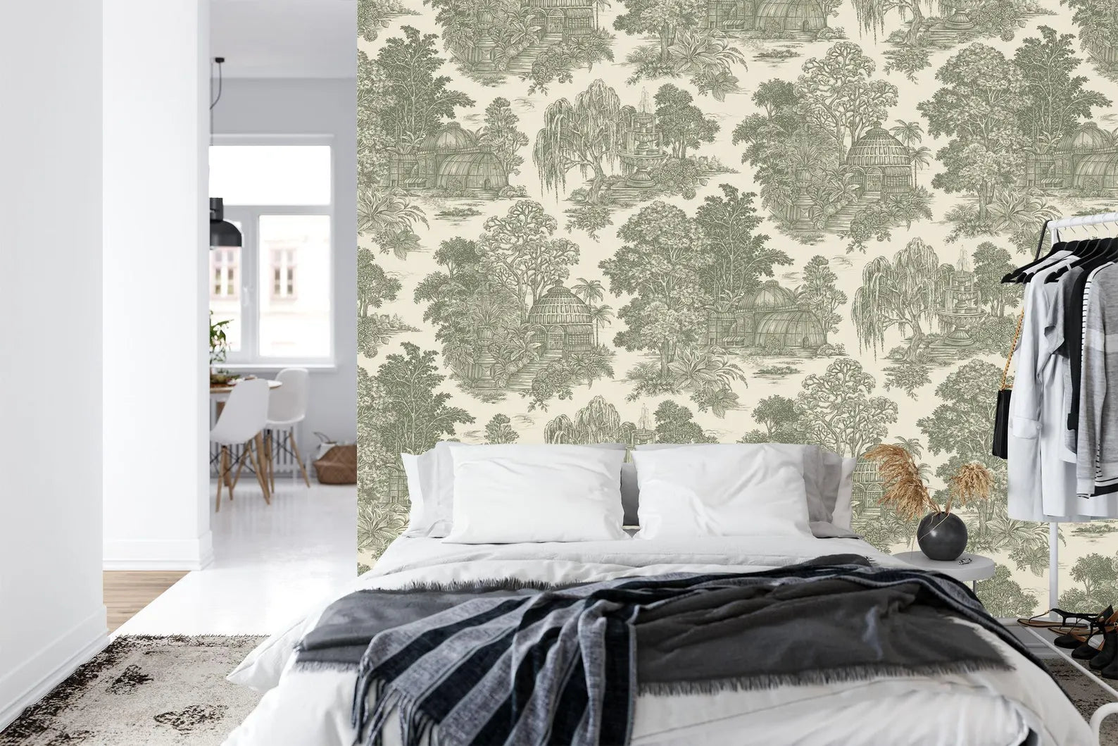 Vintage Chinoiserie Wallpaper Mural: Village, Trees