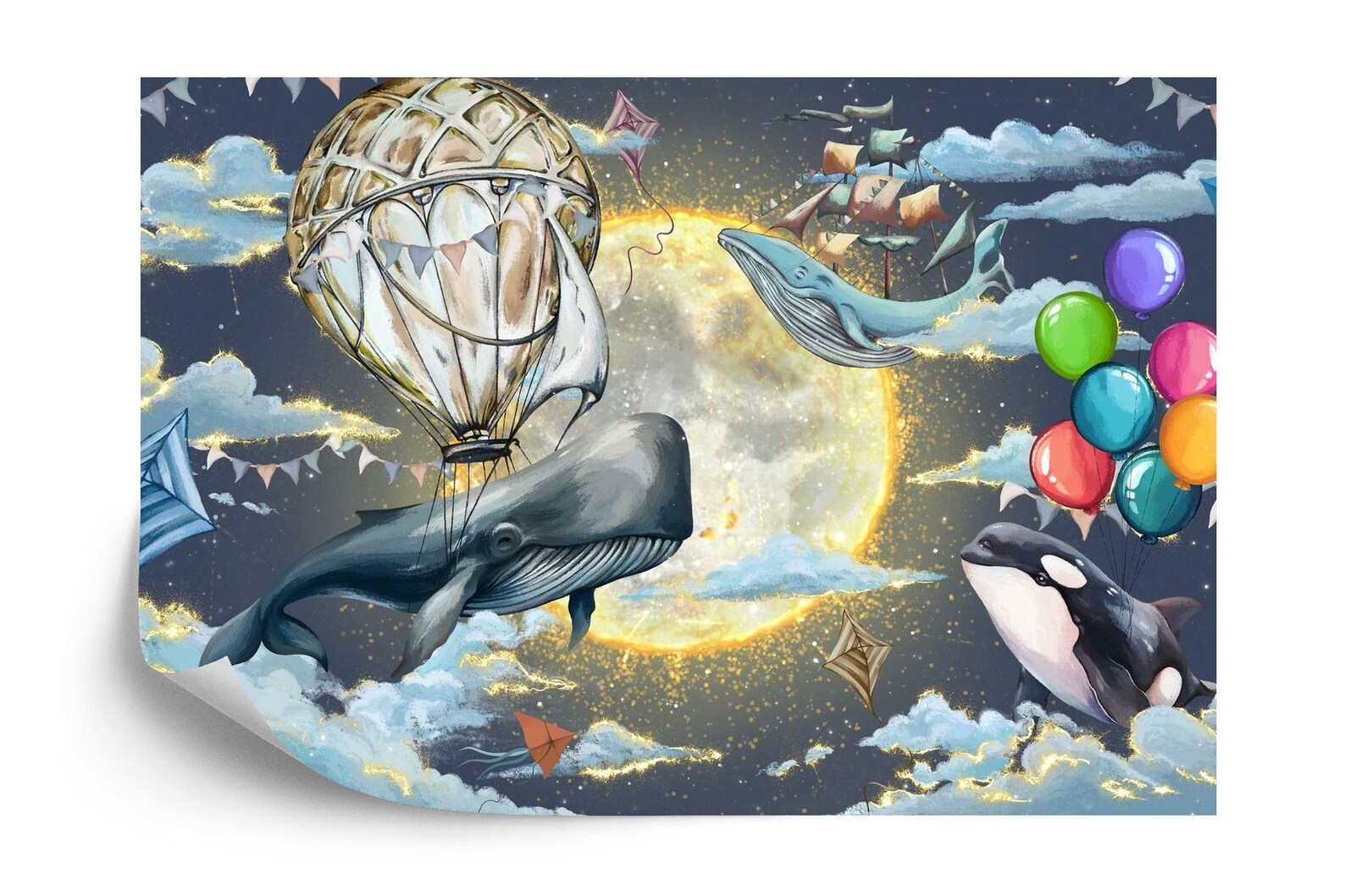 Whales & Hot Air Balloon Nursery Wallpaper Mural Art Print