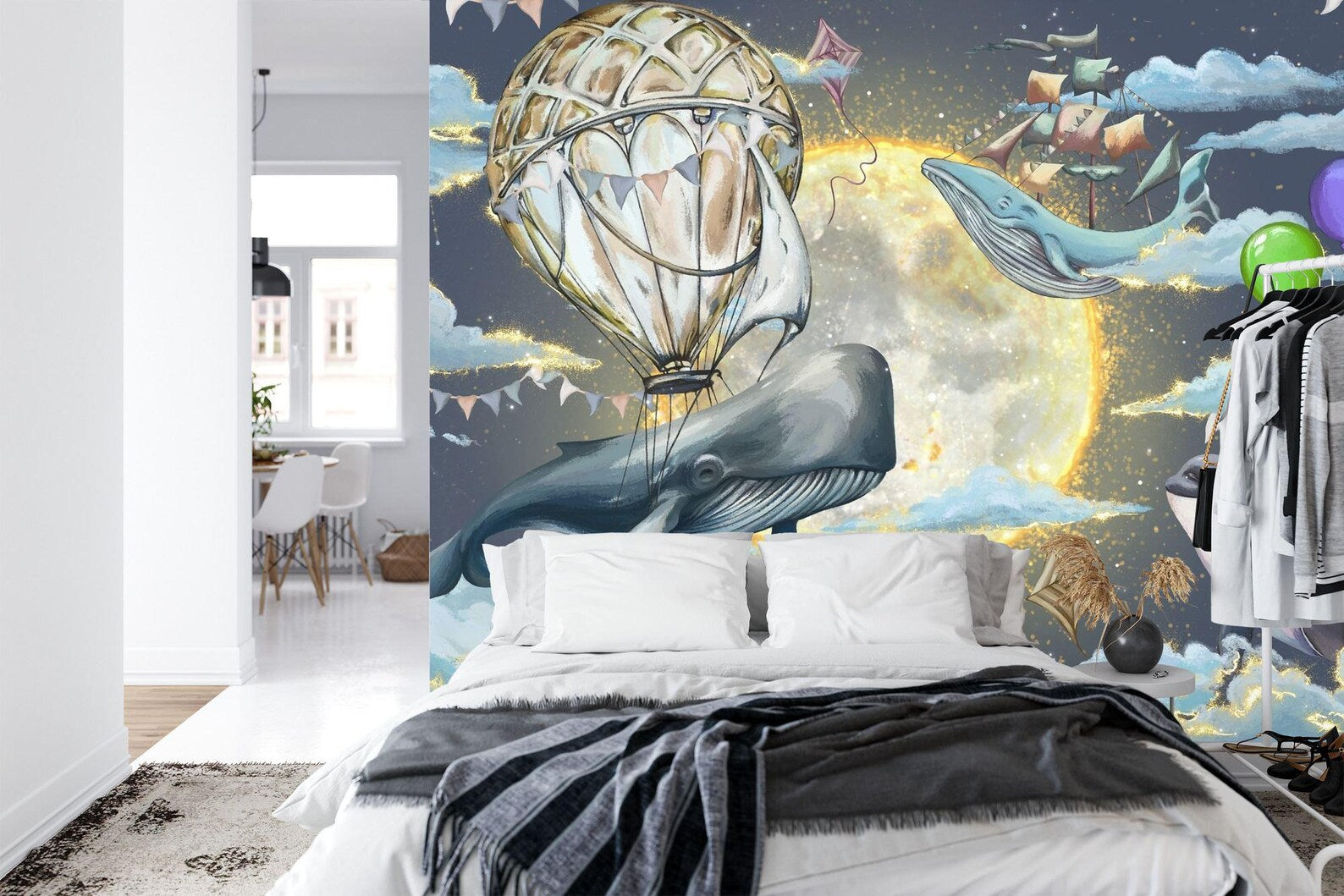 Whales & Hot Air Balloon Nursery Wallpaper Mural Art Print