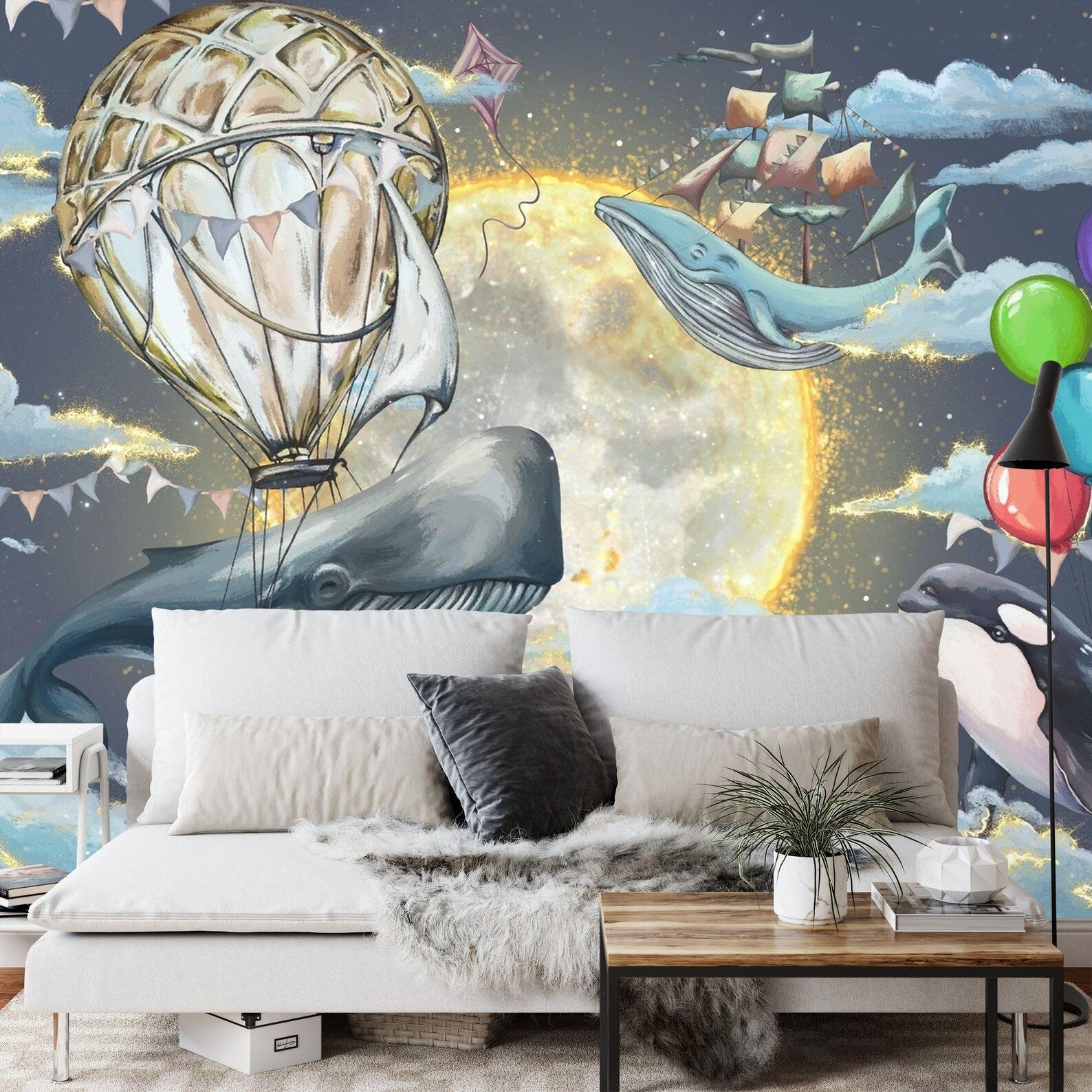 Whales & Hot Air Balloon Nursery Wallpaper Mural Art Print