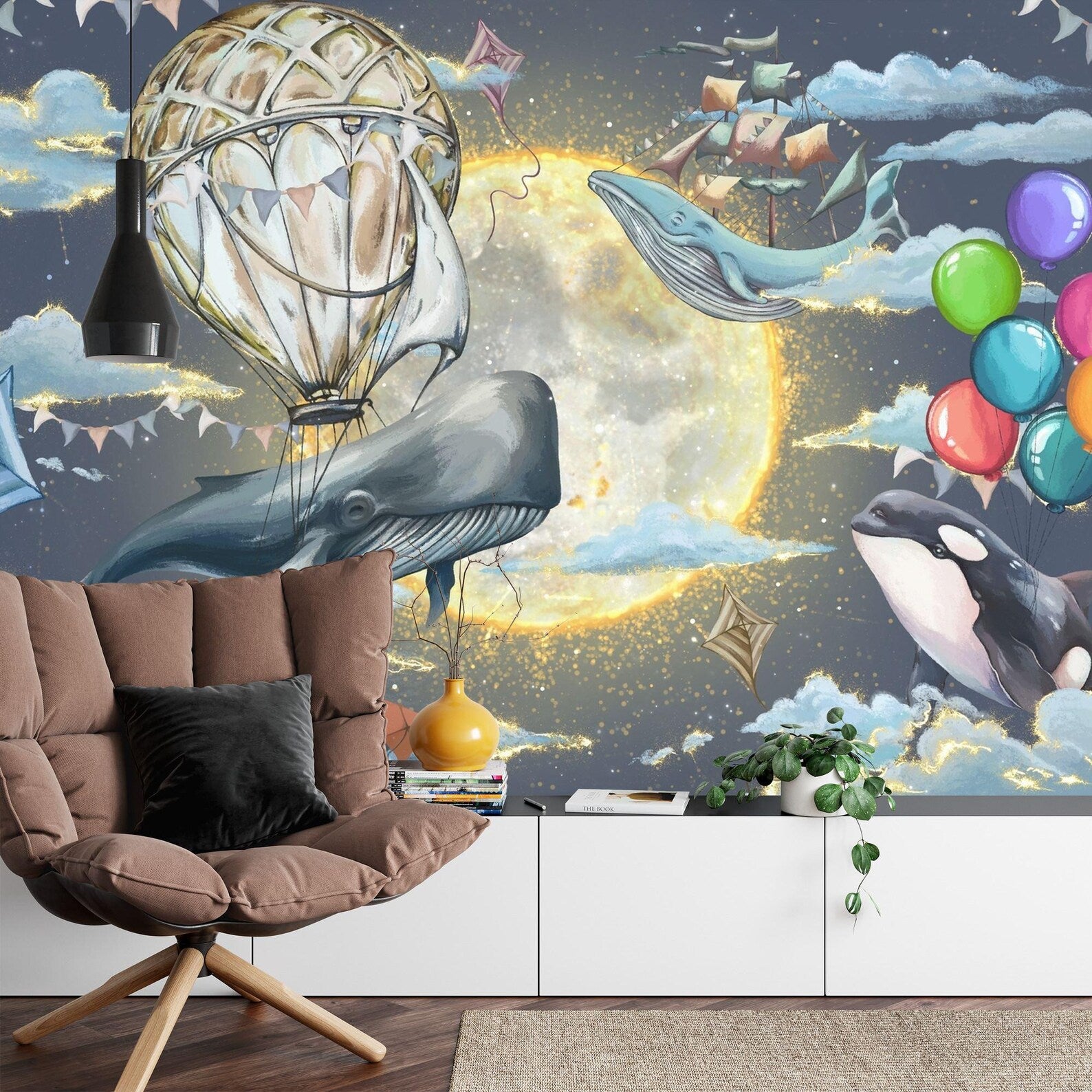Whales & Hot Air Balloon Nursery Wallpaper Mural Art Print