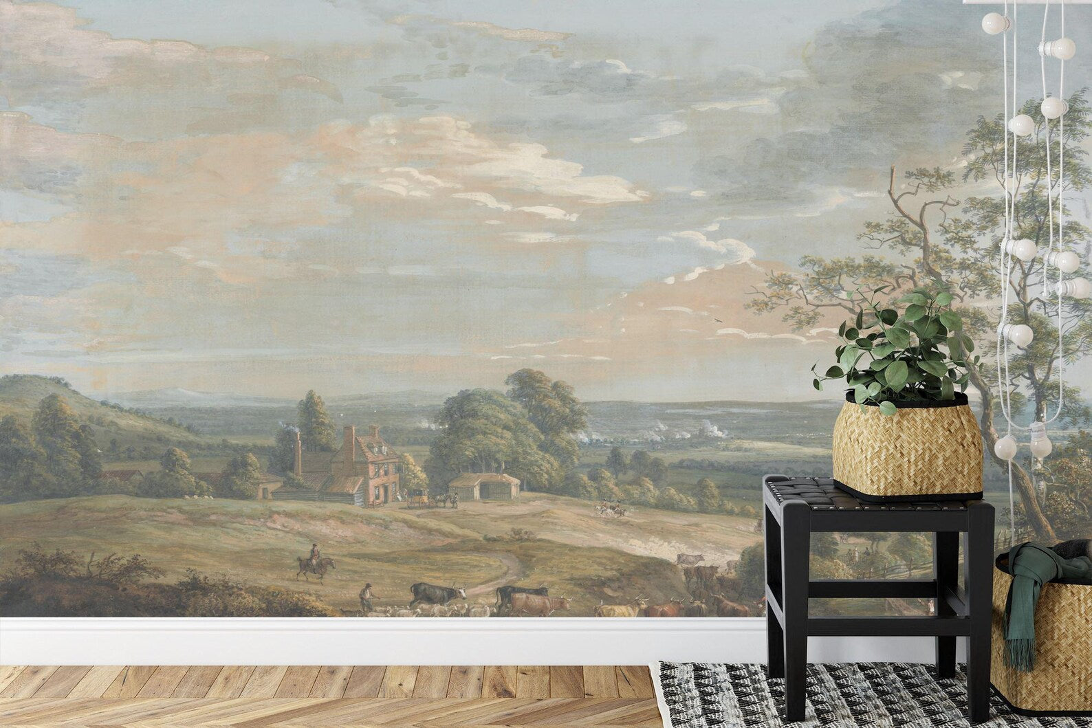 Vintage Rural Landscape Mural, Classic Countryside Wallpaper,
