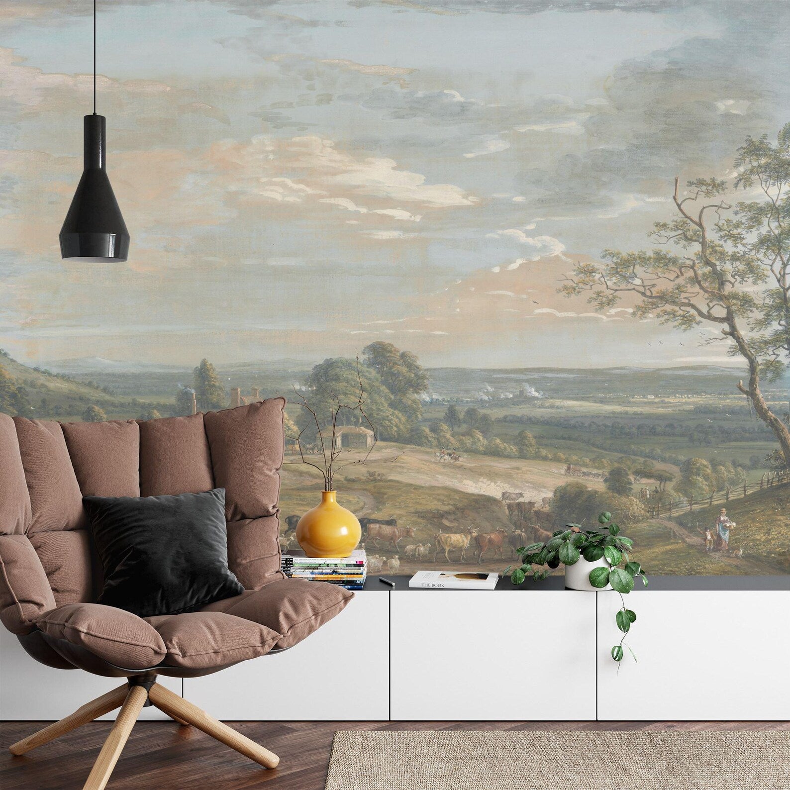 Vintage Rural Landscape Mural, Classic Countryside Wallpaper,