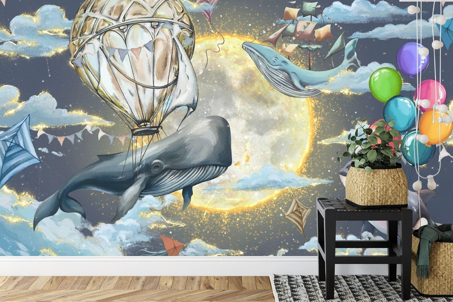 Whales & Hot Air Balloon Nursery Wallpaper Mural Art Print