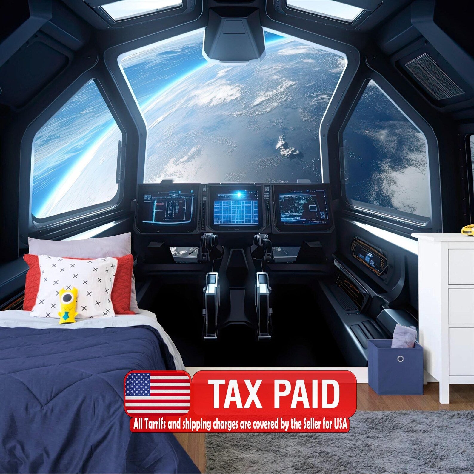 Spaceship Window View Wall Mural, Outer Space Kids Room Decor