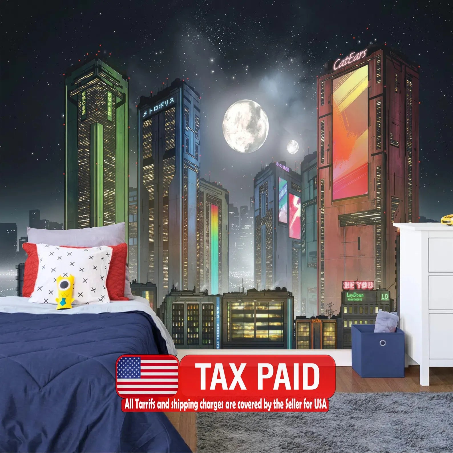 Cyberpunk Cityscape Wallpaper Mural, Futuristic Moon