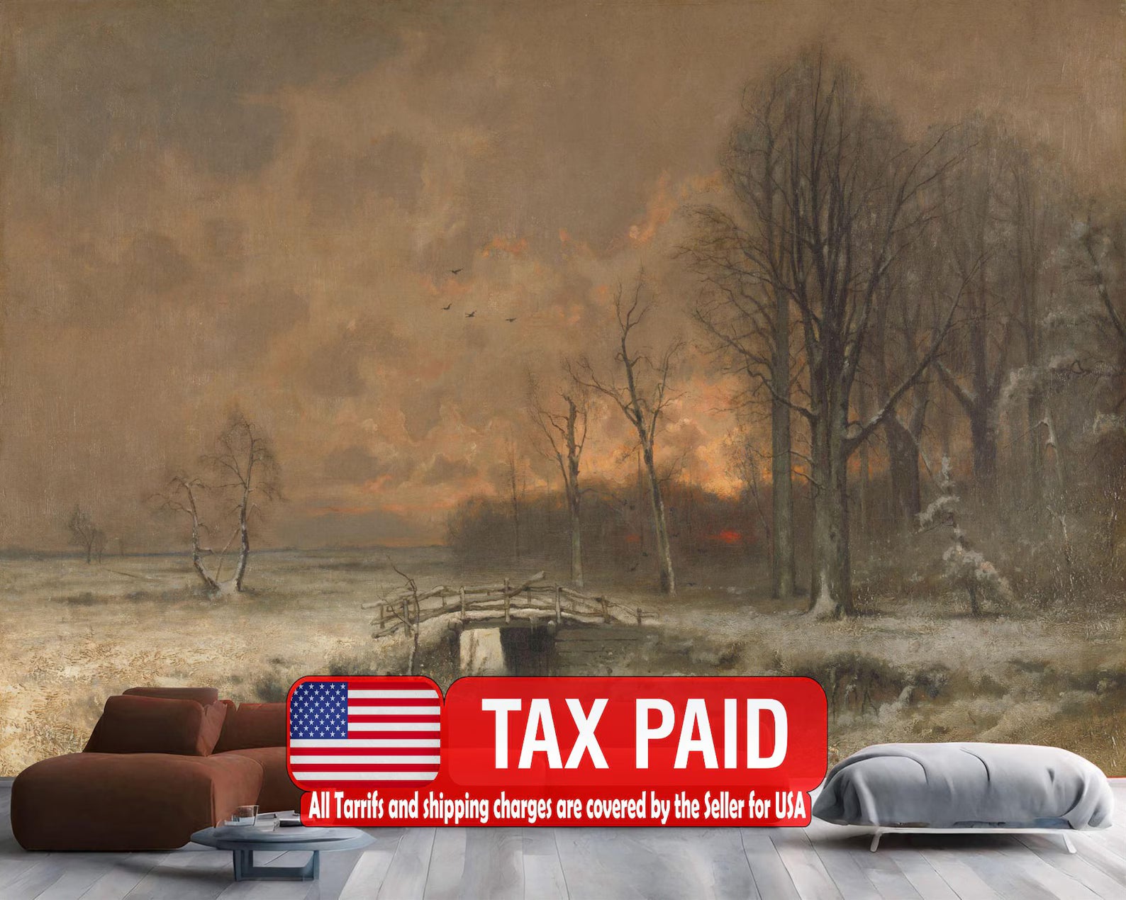 Wallpaper, Winter Landscape Painting Wall Mural, Easy-Install