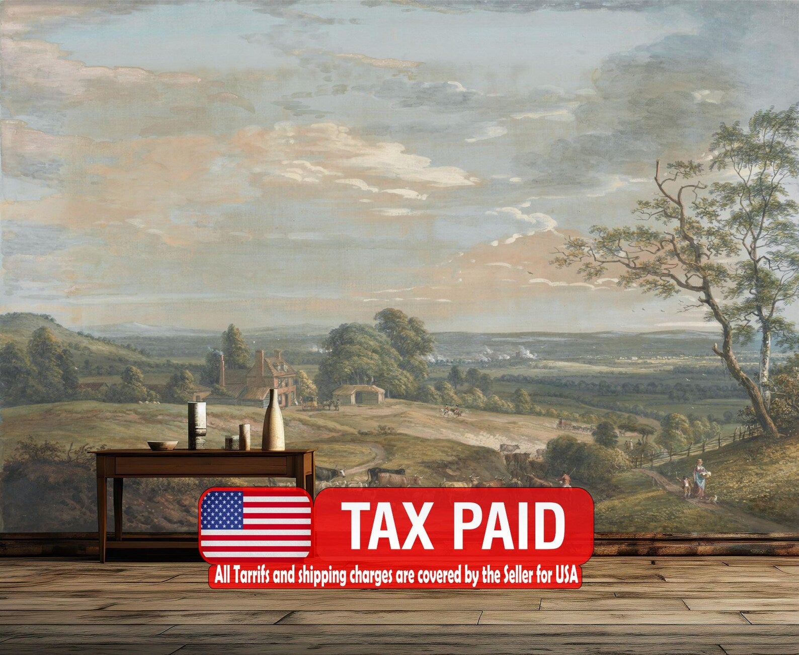 Vintage Rural Landscape Mural, Classic Countryside Wallpaper,