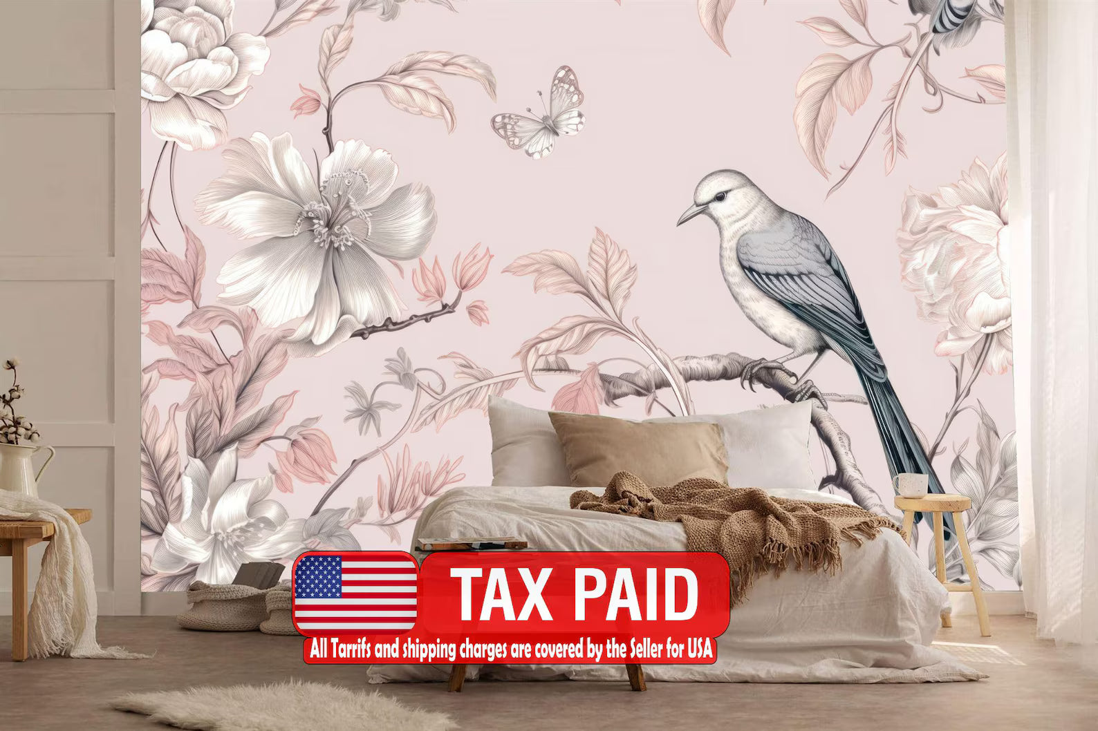 Vintage Chinoiserie Wallpaper Mural: Bird, Flower, Butterfly