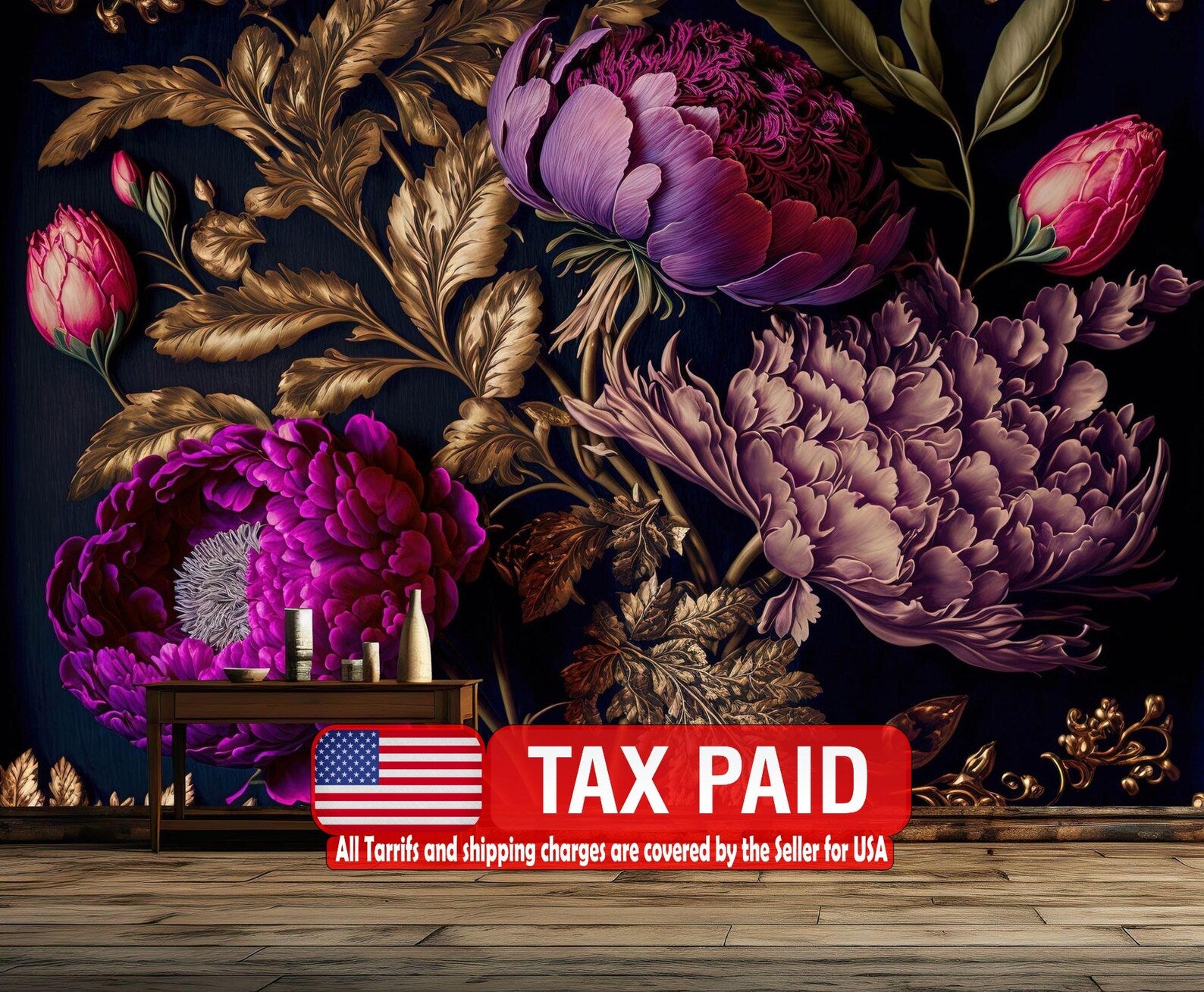 Baroque Peony Wallpaper Mural, Rich Deep Colors, Art Print
