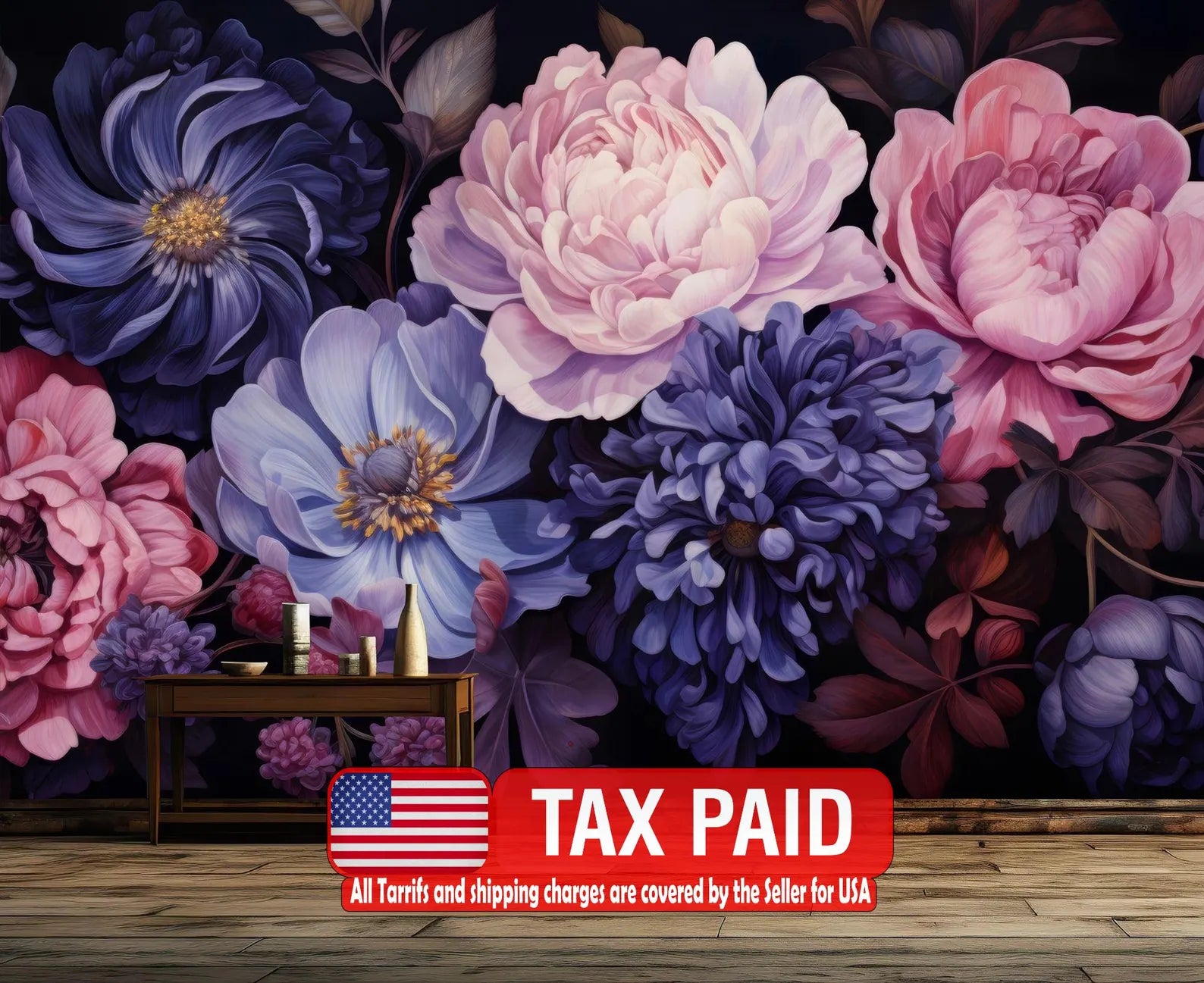 Baroque Peony Flower Mural, Rich Color