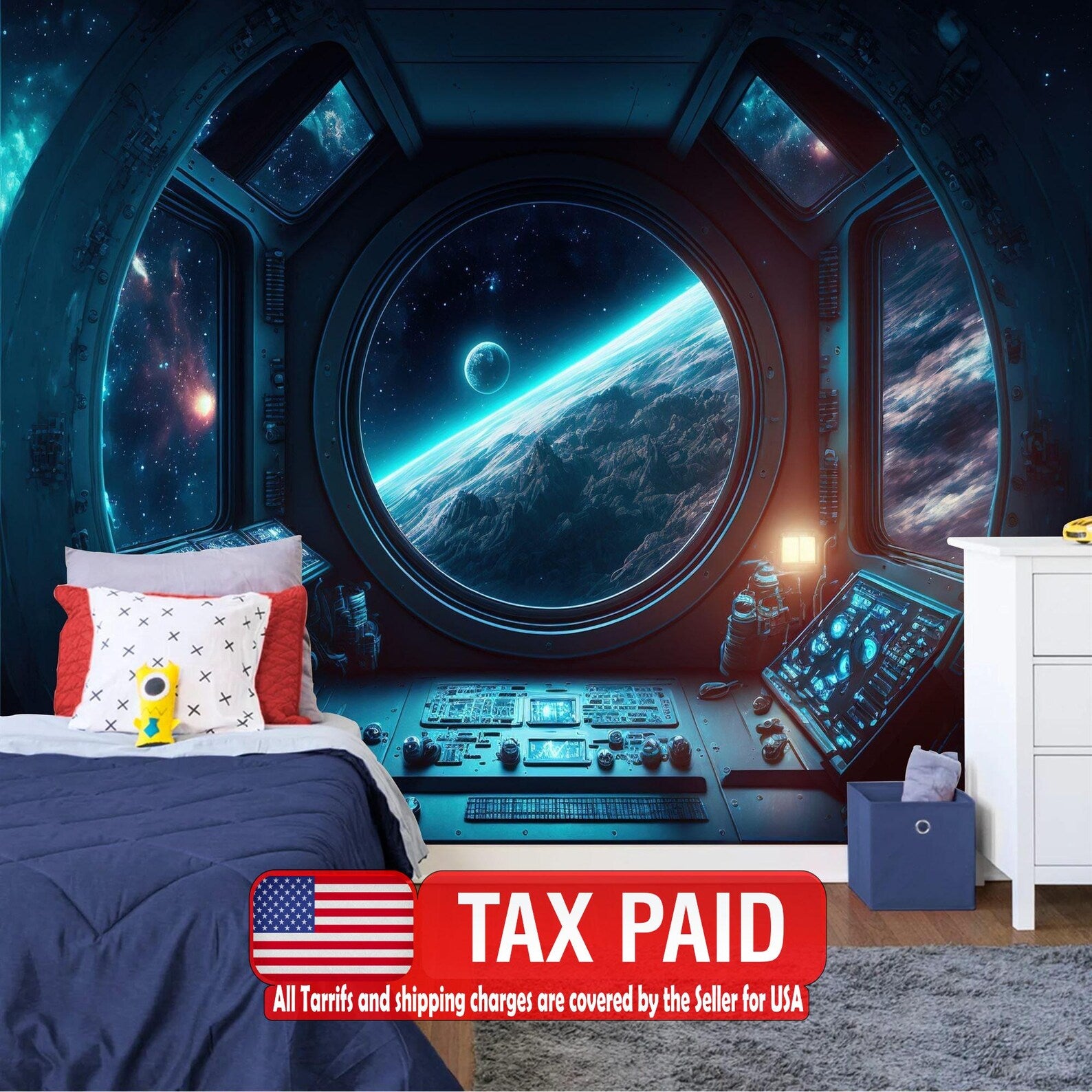Spaceship Window Wall Mural, Stars Astronomy Kids Room