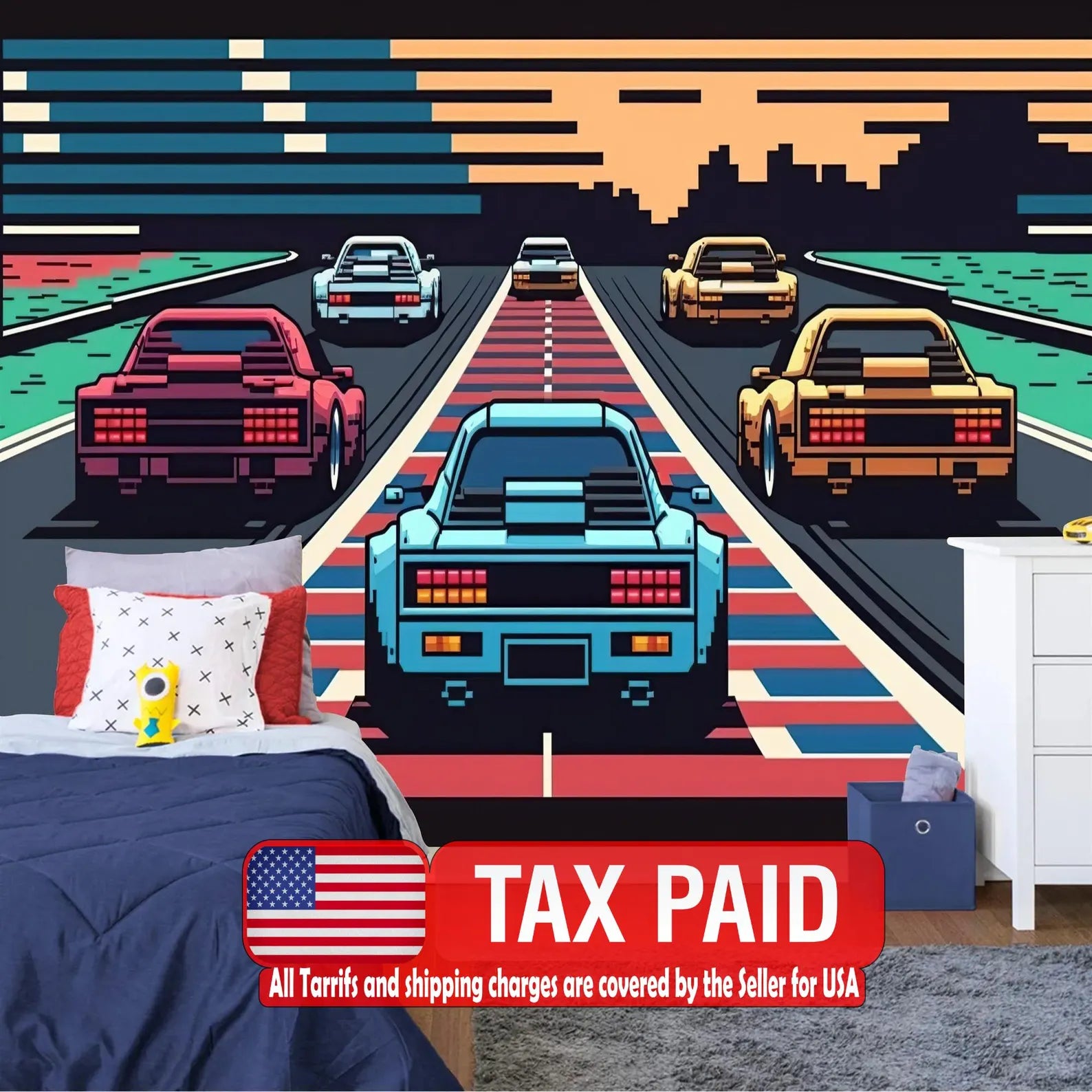 Retro Pixel Art Car Race Wallpaper Mural Gift