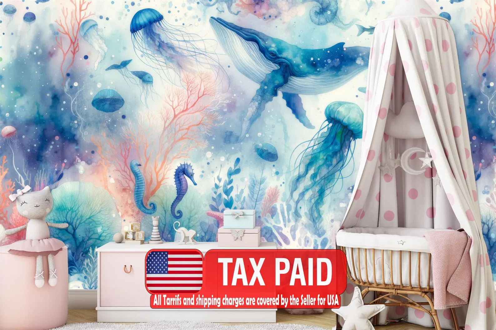 Underwater Whale Nursery Wallpaper | Ocean Moon Stars