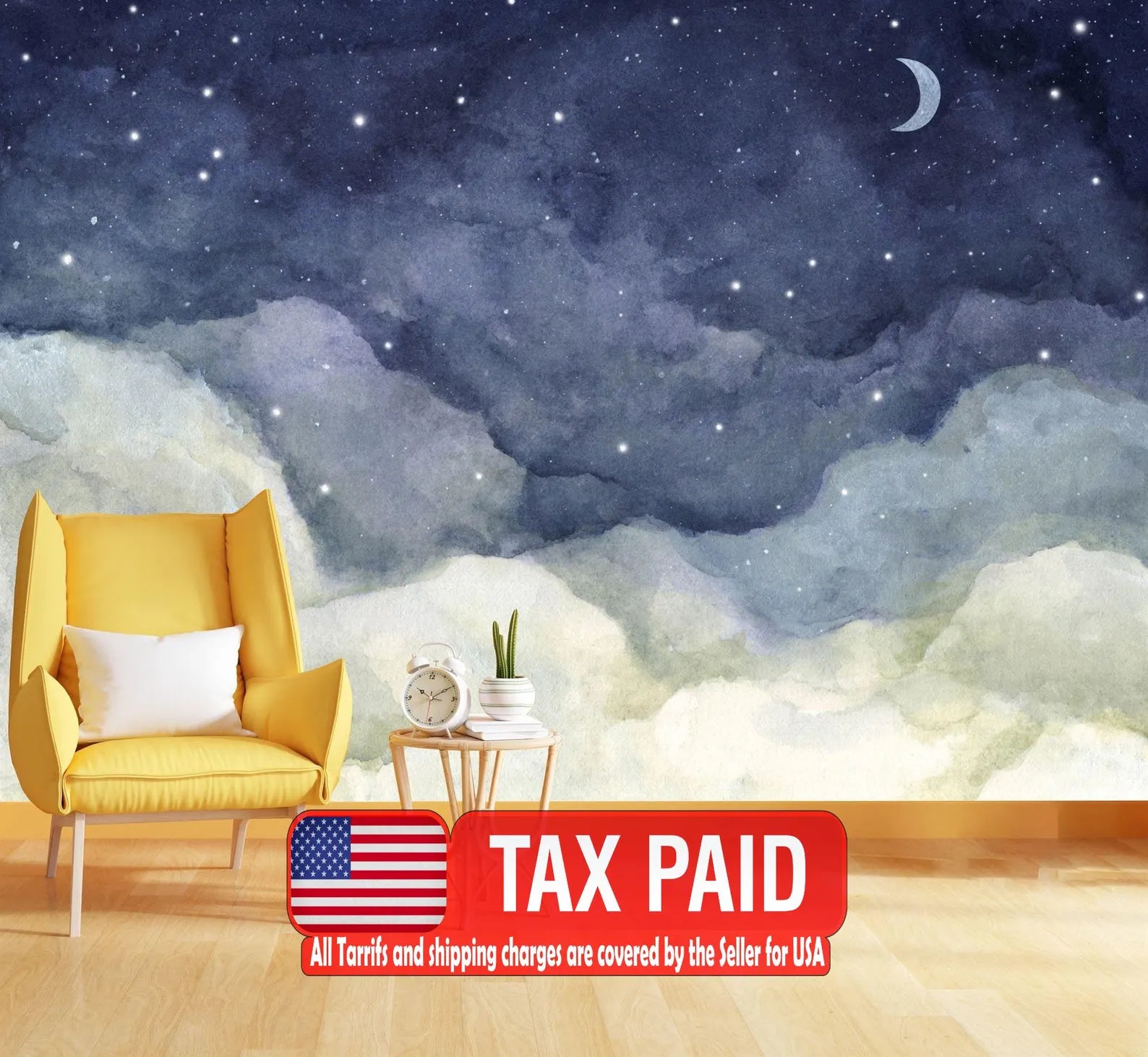 Watercolor Night Sky Mural, Crescent Moon Wallpaper
