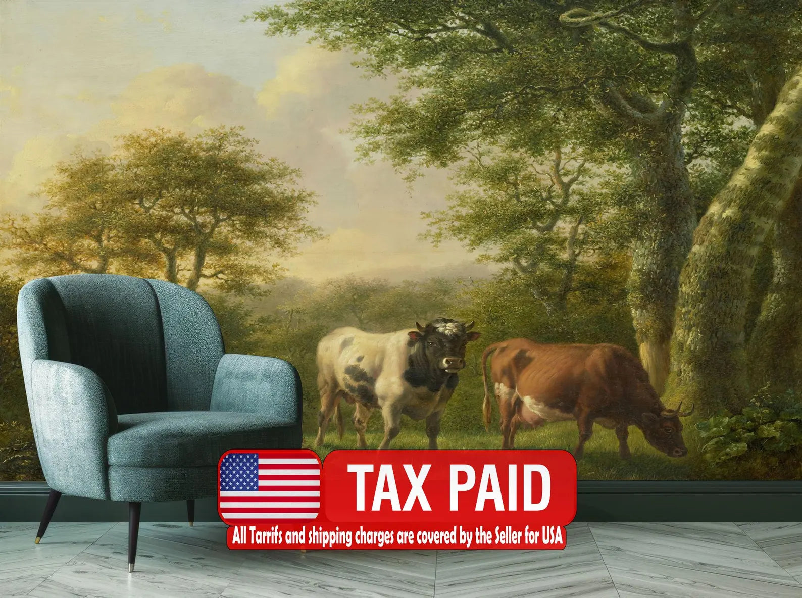 Cattle Landscape Painting Wallpaper Mural Art Print