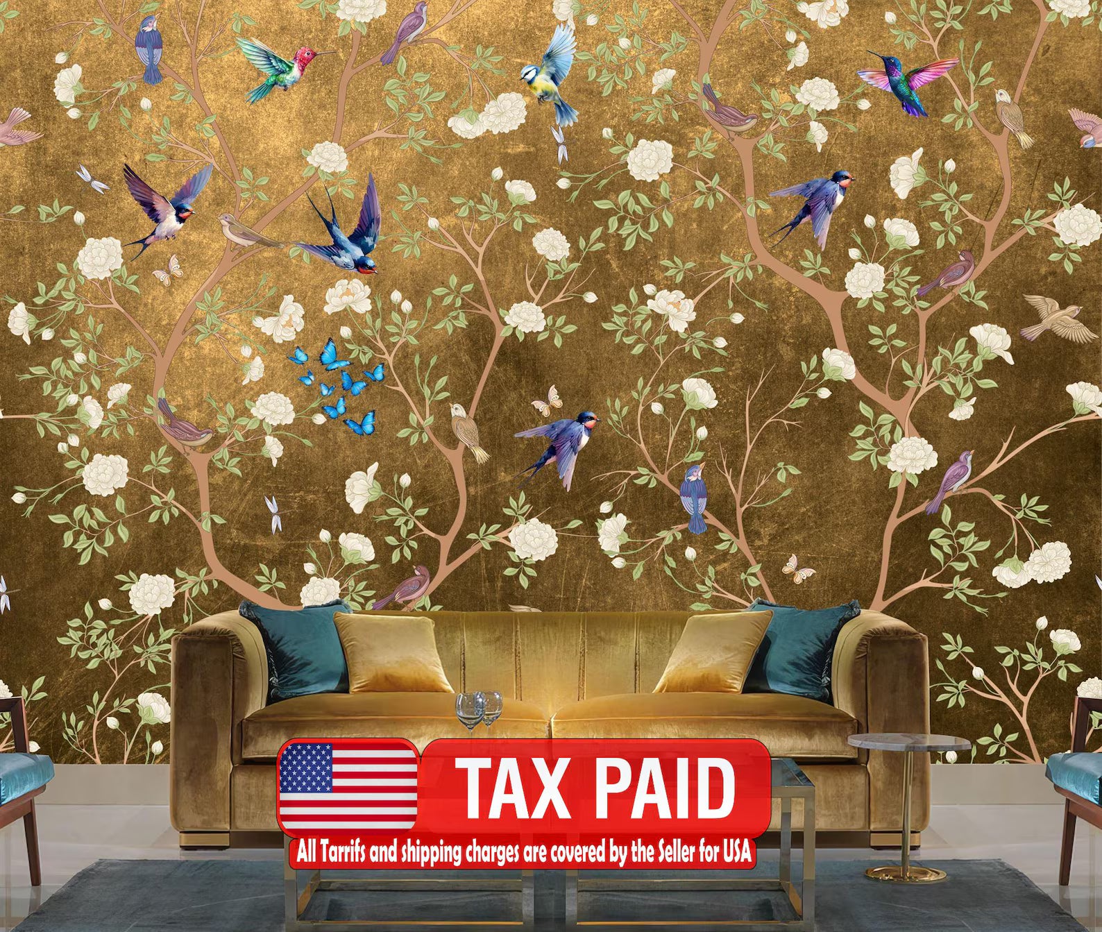 Chinoiserie Wallpaper Mural: Vintage Flowers, Birds
