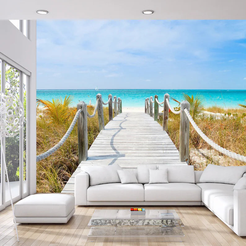 Caribbean Beach Wooden Path Wallpaper Mural