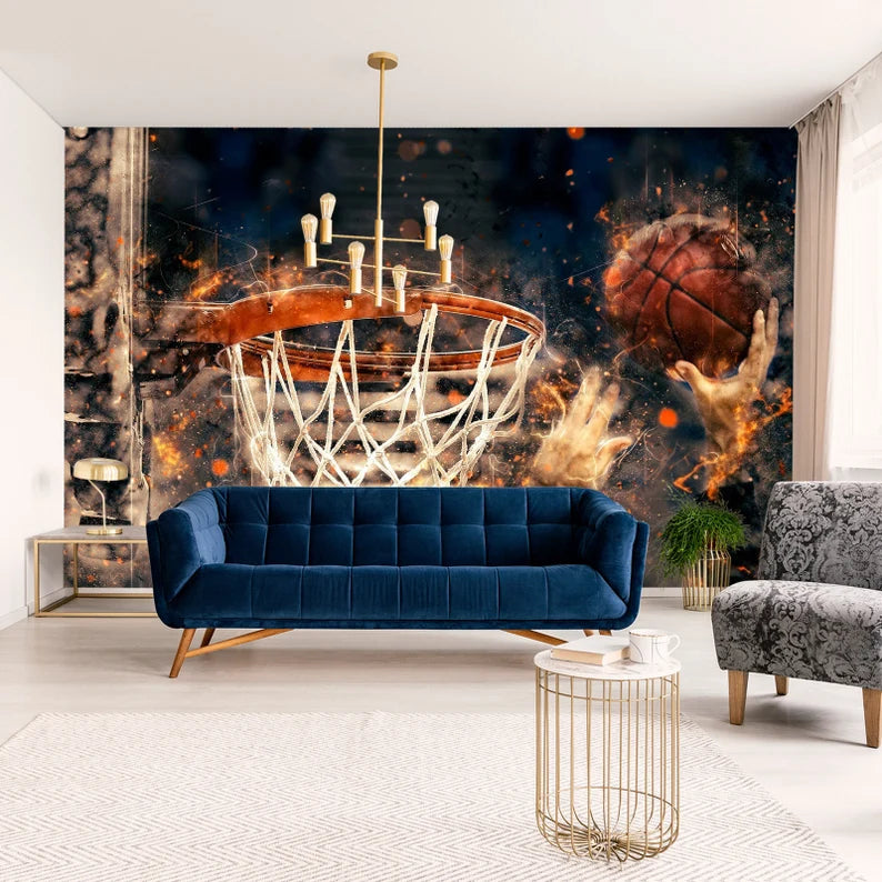 Basketball Ring Sports Room Wallpaper Mural, Easy-Install