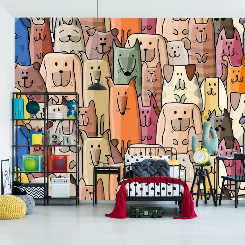 Cartoon Dogs Peel and Stick Wallpaper Mura: Colorful Kids Decor