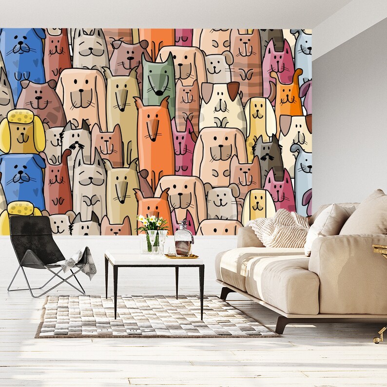 Cartoon Dogs Peel and Stick Wallpaper Mura: Colorful Kids Decor