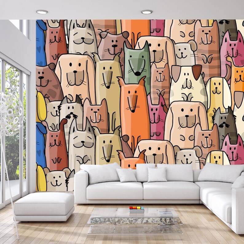 Cartoon Dogs Peel and Stick Wallpaper Mura: Colorful Kids Decor