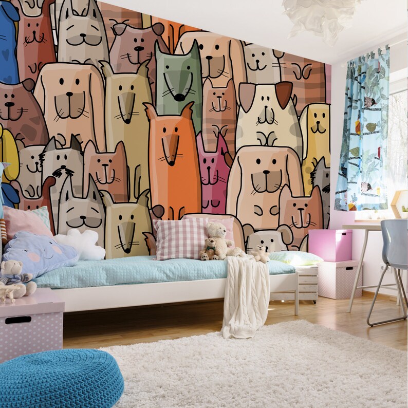 Cartoon Dogs Peel and Stick Wallpaper Mura: Colorful Kids Decor