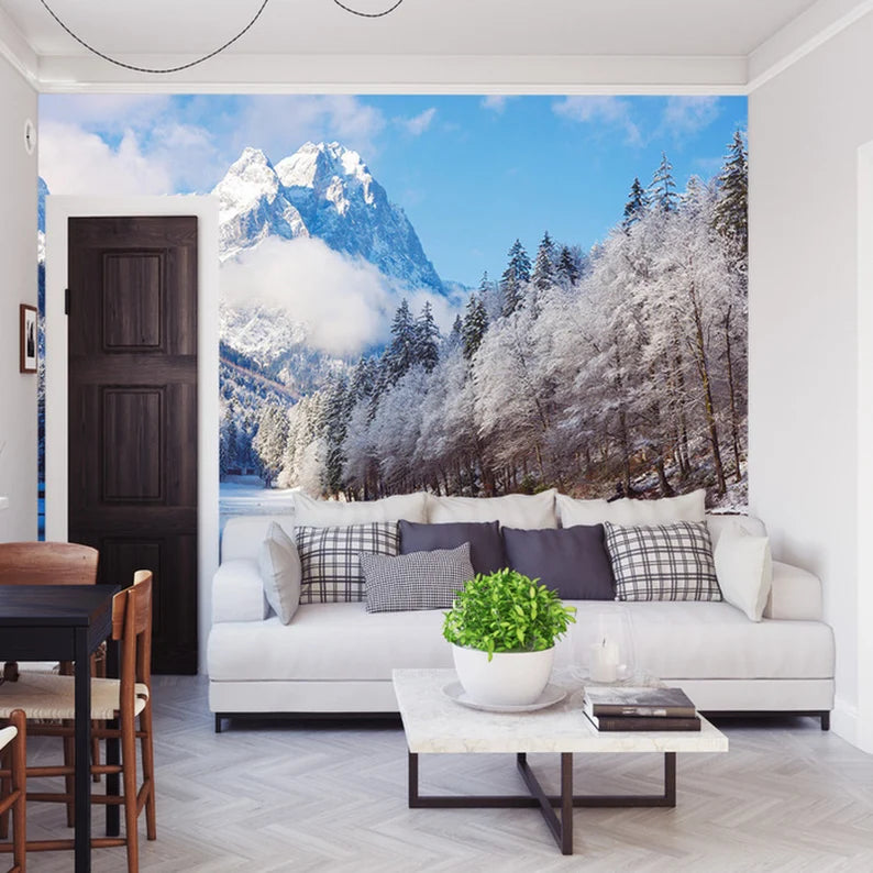 Winter Mountain Lake Wallpaper Mural, Wall Decor