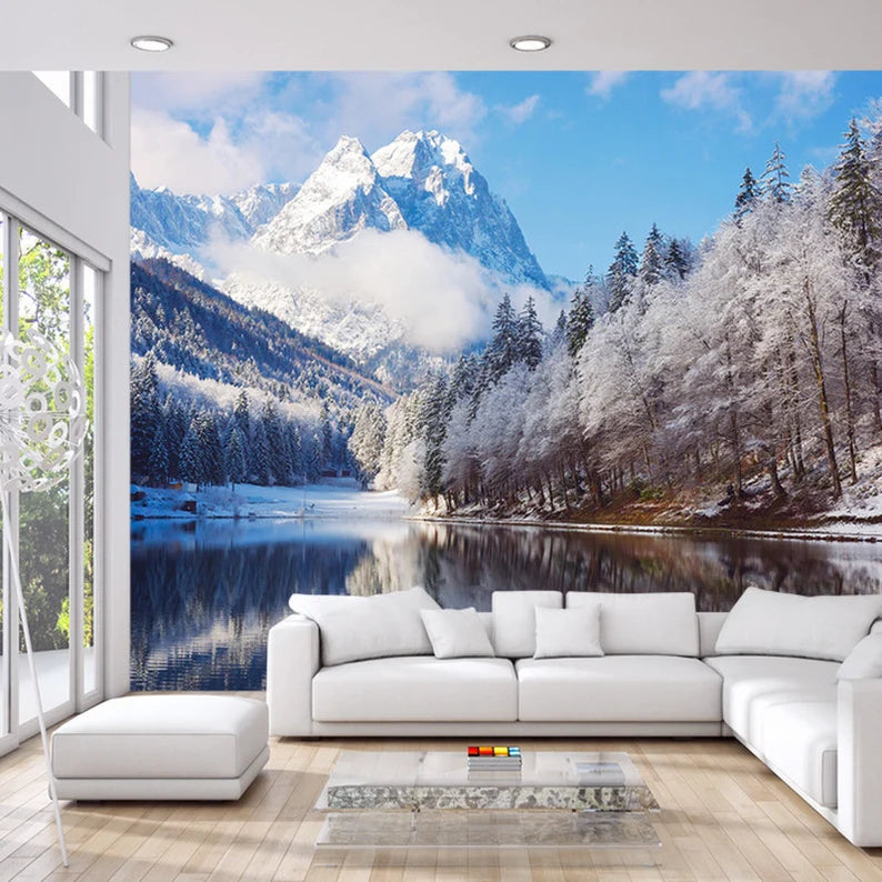 Winter Mountain Lake Wallpaper Mural, Wall Decor