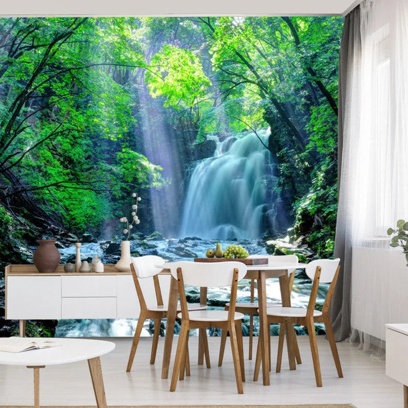 Waterfall Forest Wall Mural, Nature View Wallpaper