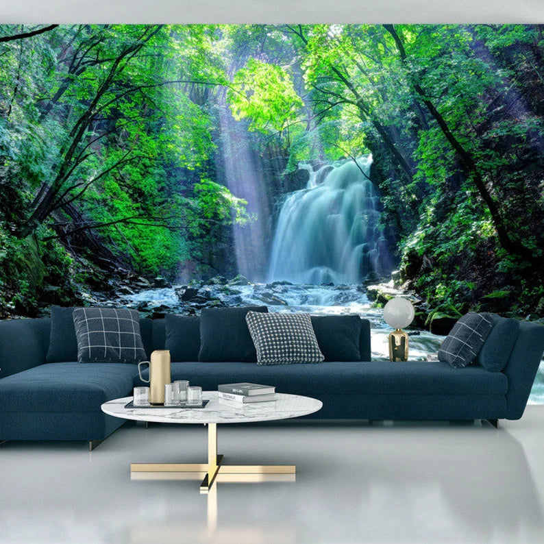 Waterfall Forest Wall Mural, Nature View Wallpaper