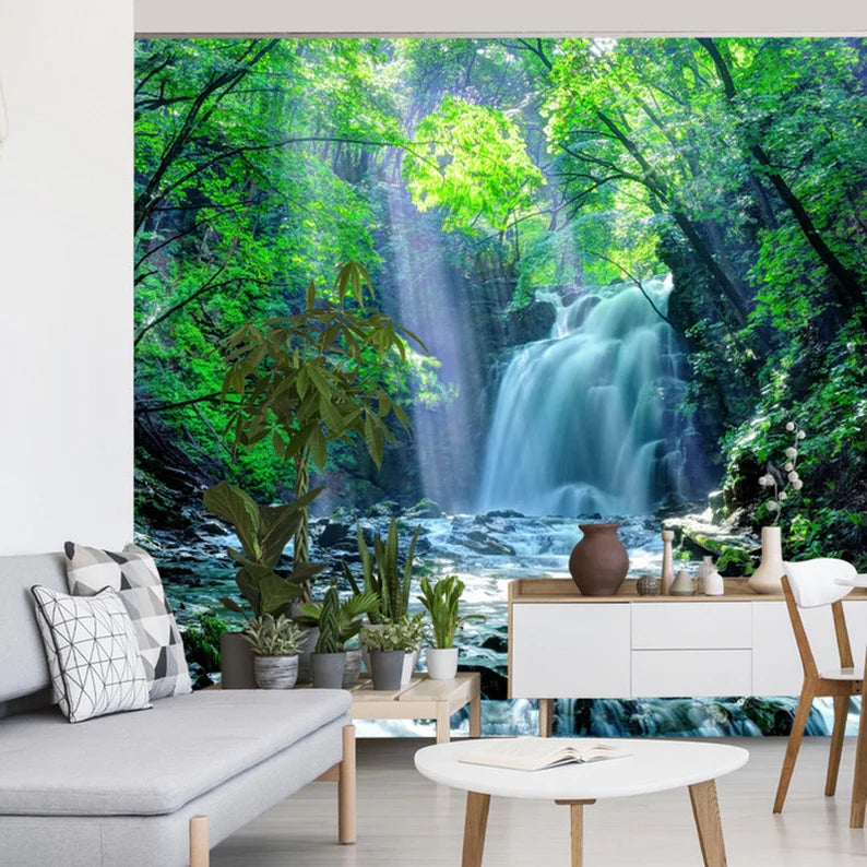 Waterfall Forest Wall Mural, Nature View Wallpaper