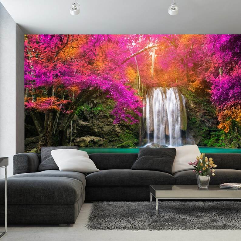 Colorful Waterfall Flowers Wallpaper Mural Art Print