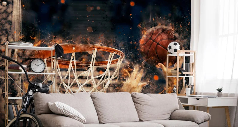 Basketball Ring Sports Room Wallpaper Mural, Easy-Install