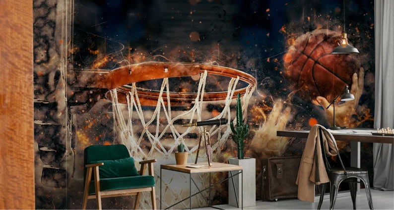 Basketball Ring Sports Room Wallpaper Mural, Easy-Install