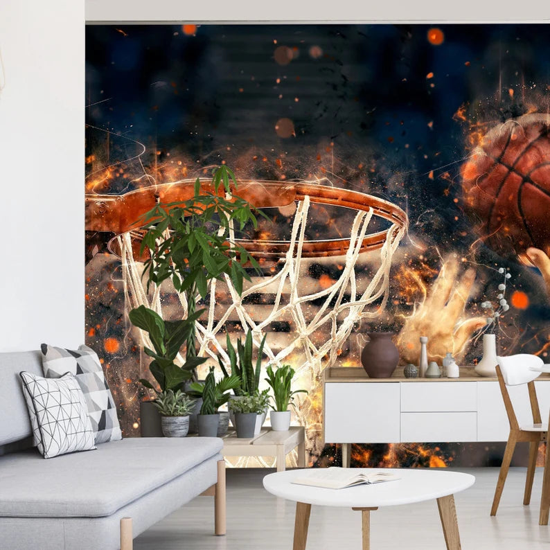 Basketball Ring Sports Room Wallpaper Mural, Easy-Install