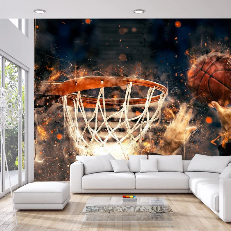 Basketball Ring Sports Room Wallpaper Mural, Easy-Install