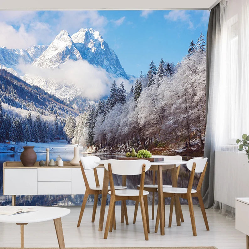 Winter Mountain Lake Wallpaper Mural, Wall Decor