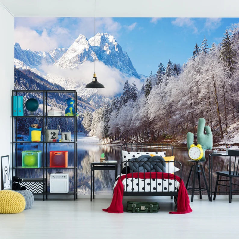 Winter Mountain Lake Wallpaper Mural, Wall Decor