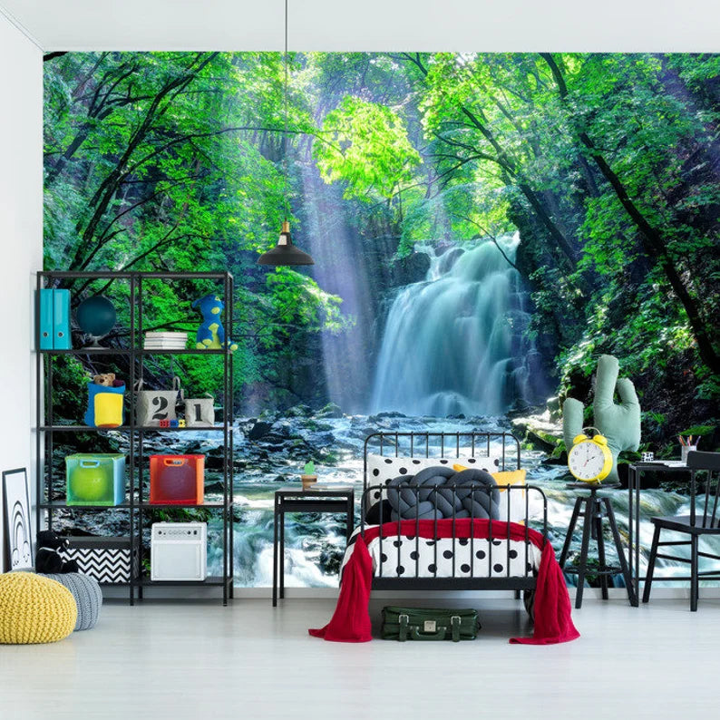 Waterfall Forest Wall Mural, Nature View Wallpaper