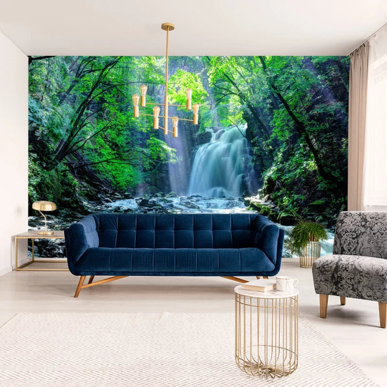Waterfall Forest Wall Mural, Nature View Wallpaper