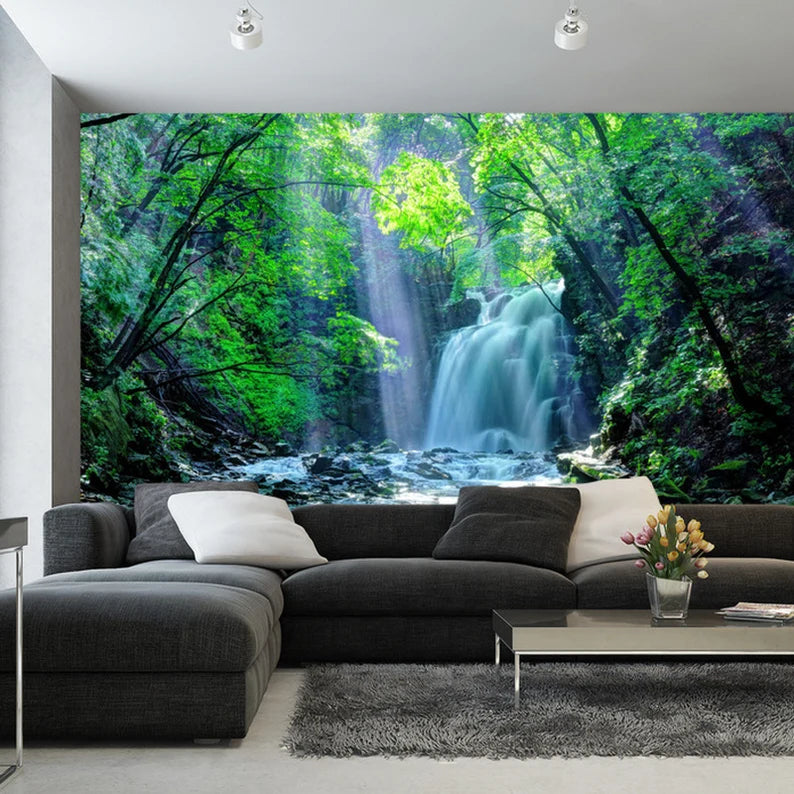 Waterfall Forest Wall Mural, Nature View Wallpaper