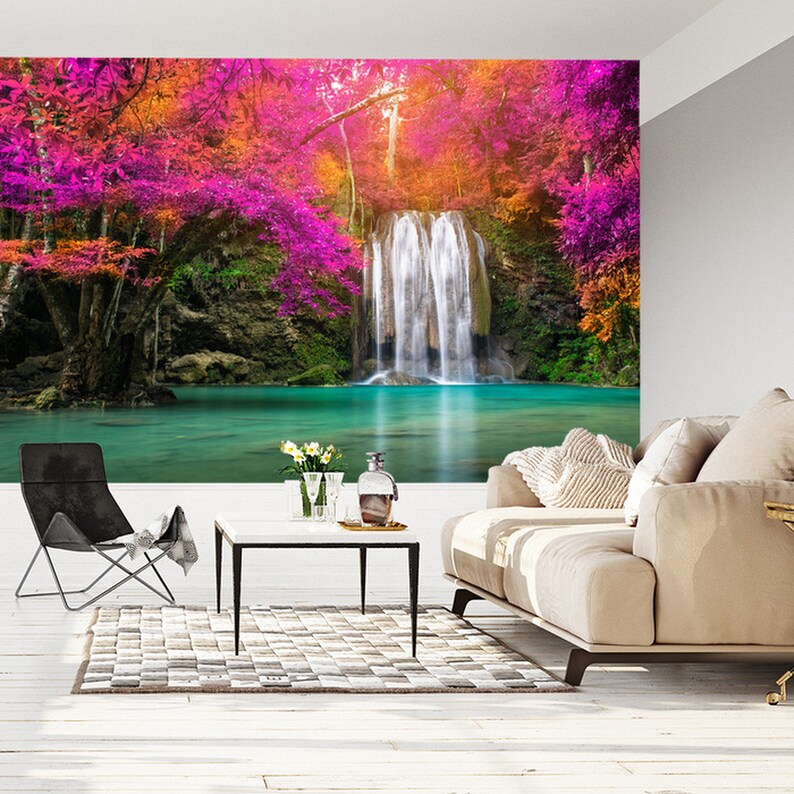 Colorful Waterfall Flowers Wallpaper Mural Art Print