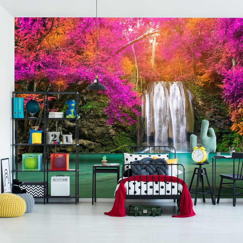 Colorful Waterfall Flowers Wallpaper Mural Art Print