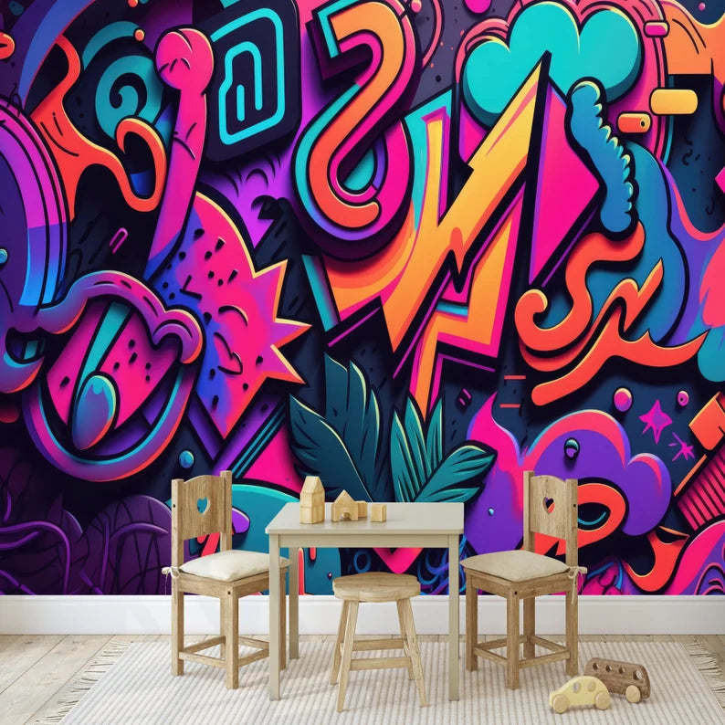 Neon Graffiti Abstract Art Wallpaper Mural