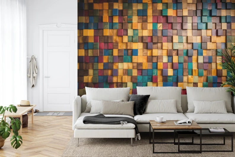 Mosaic Wood Wall Mural, Multi-Colored Wallpaper Easy Install